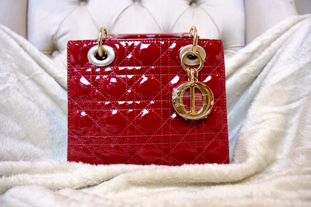 Small Lady Dior Bag with Strap - Red Lacquer
