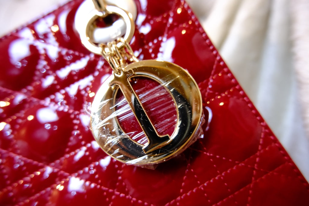 Small Lady Dior Bag with Strap - Red Lacquer