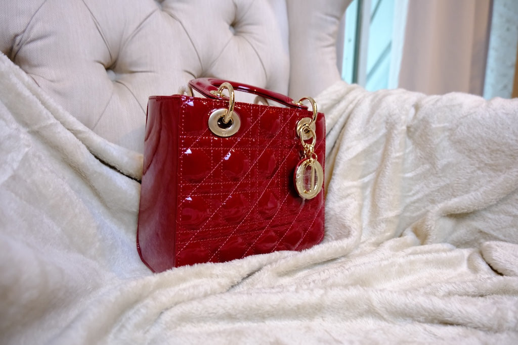 Small Lady Dior Bag with Strap - Red Lacquer