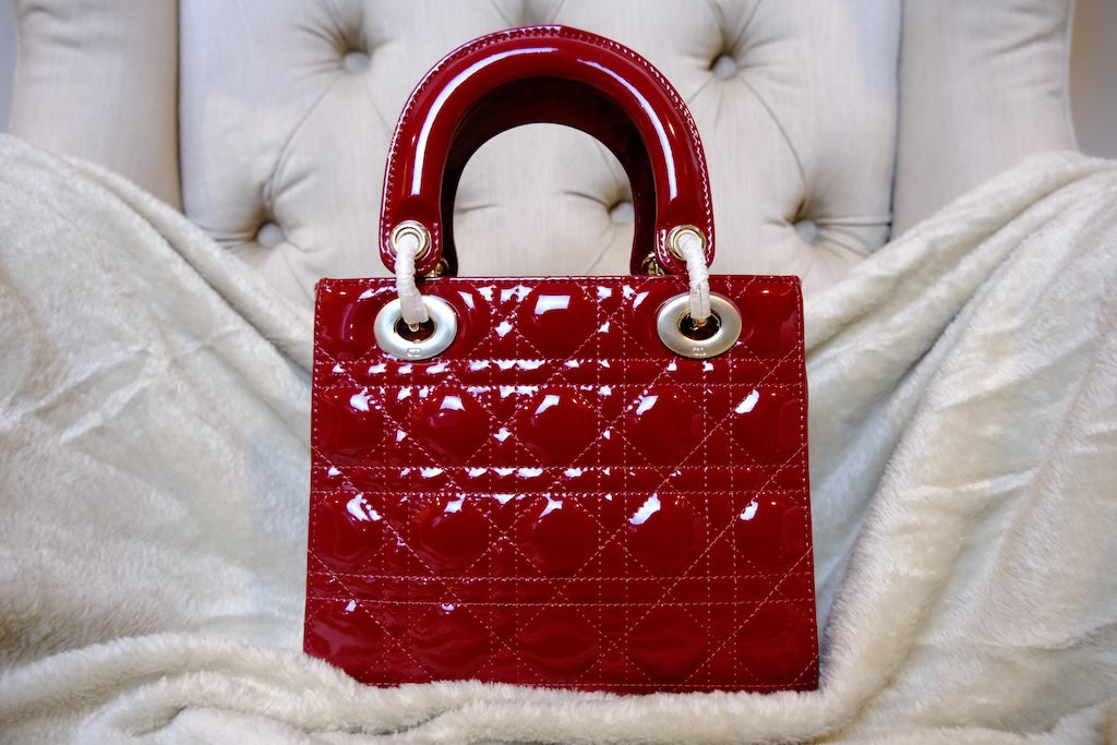 Small Lady Dior Bag with Strap - Red Lacquer