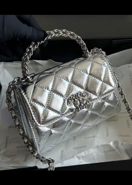 25S Mini Top Handle Clutch with Chain - Metallic Silver