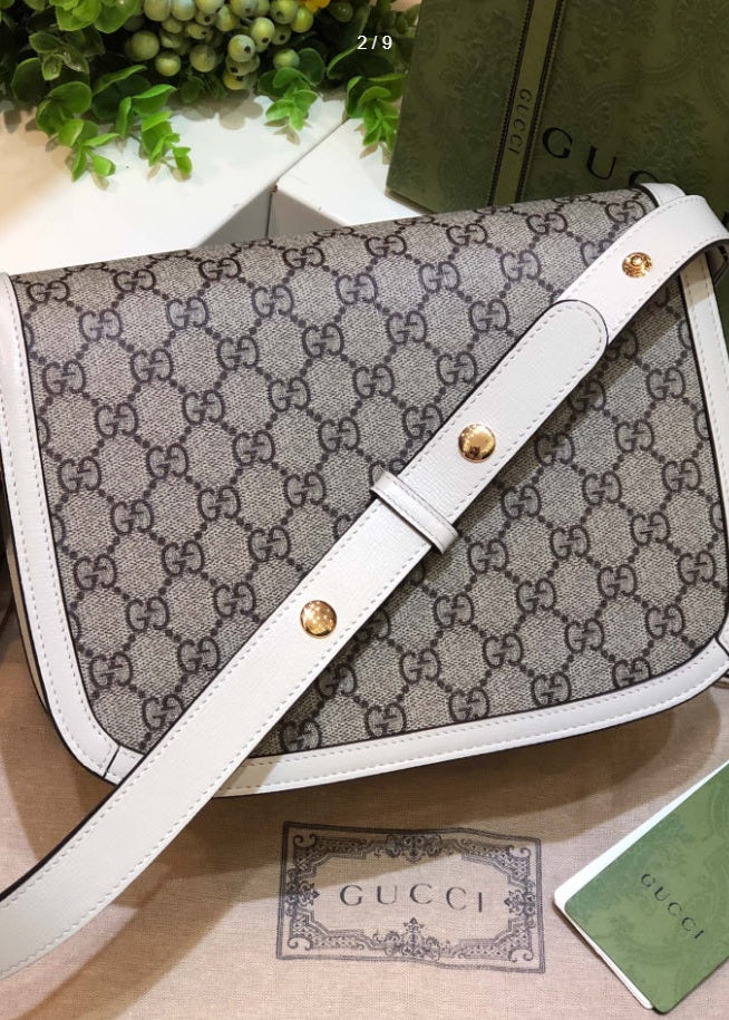 Gucci 1955 Horsebit Shoulder Bag - Canvas and White Trim